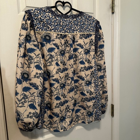 See And Be Seen Womens Blue Cream Floral Mixed Print Lace Trim Blouse Large - Picture 7 of 9